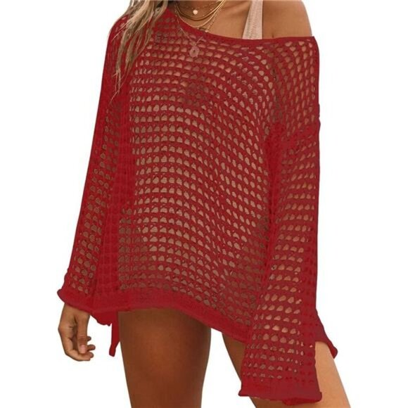 Crochet Cover Ups Sexy Hollow Out Red - Picture 2 of 4